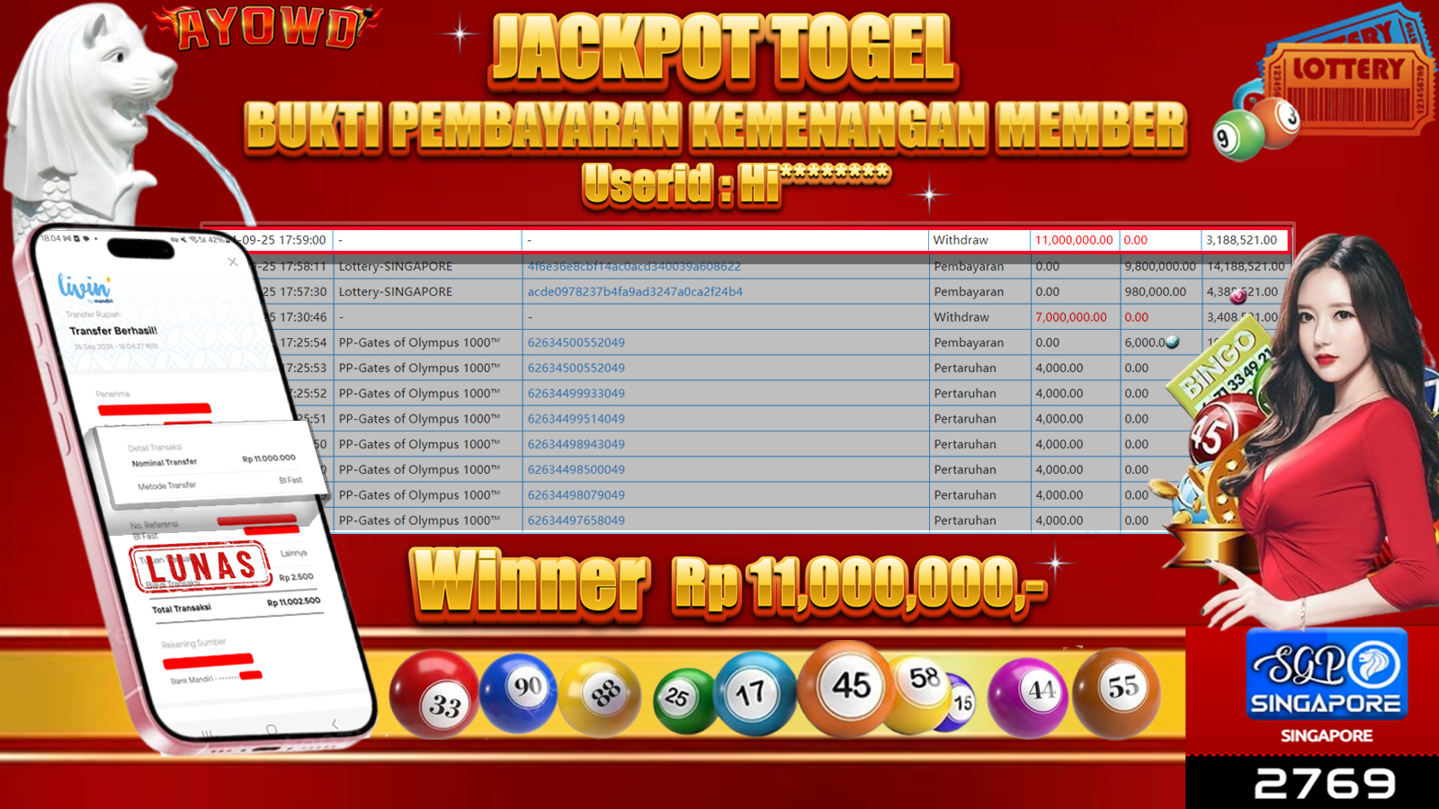 AYOWD JACKPOT TOGEL SINGAPORE POOLS Rp 11,000,000 LUNAS