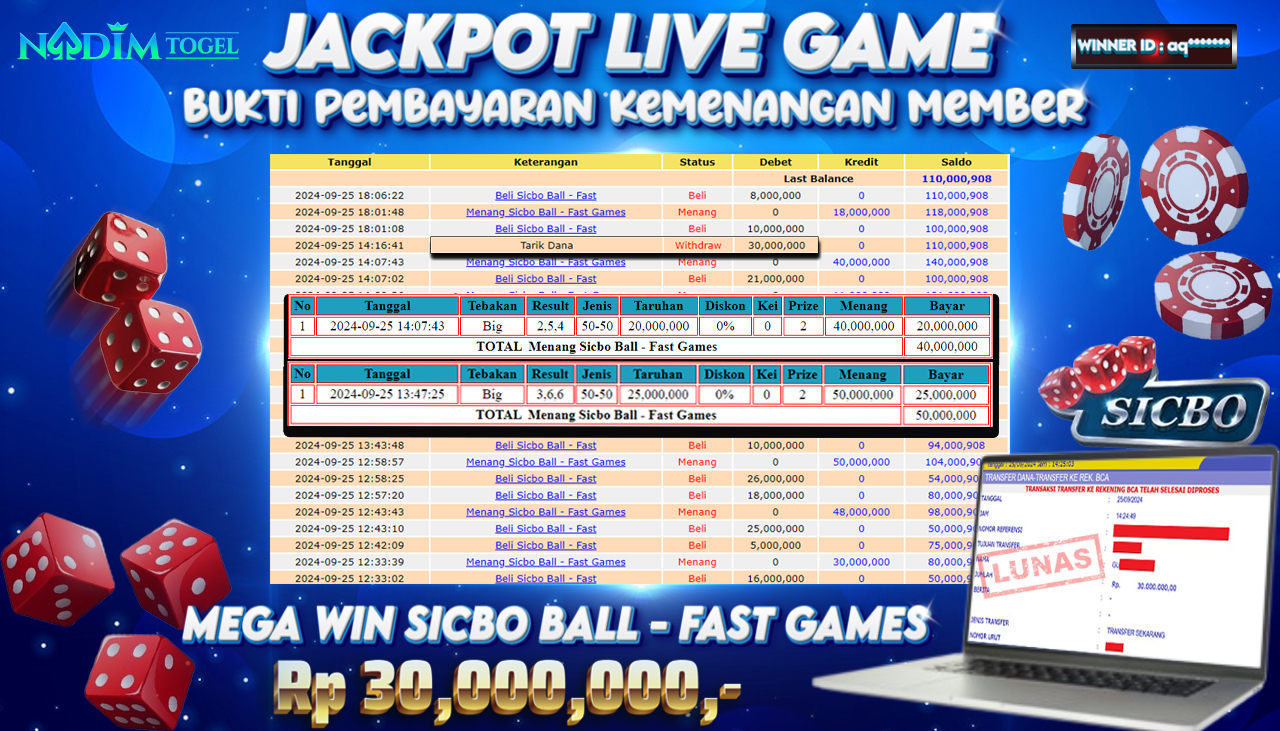 NADIMTOGEL JACKPOT LIVEGAME SICBO BALL - FAST Rp.30,000,000,- LUNAS