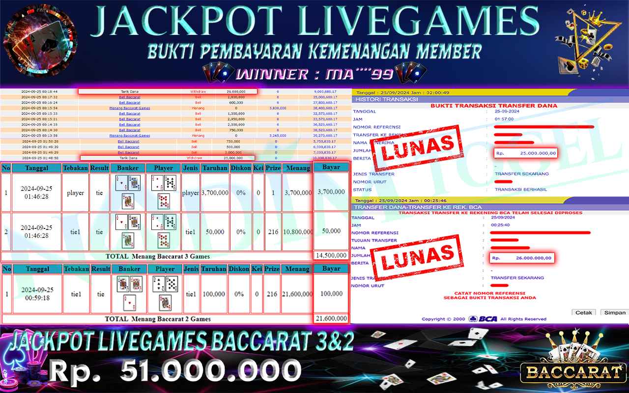 NADIMTOGEL JACKPOT LIVEGAMES BACCARAT 3&2  Rp.51,000,000 - LUNAS