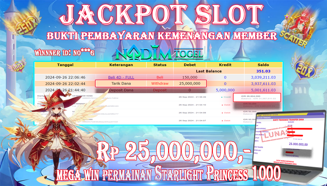 NADIMTOGEL JACKPOT SLOT Starlight Princess 1000 Rp 25.000.000,- LUNAS