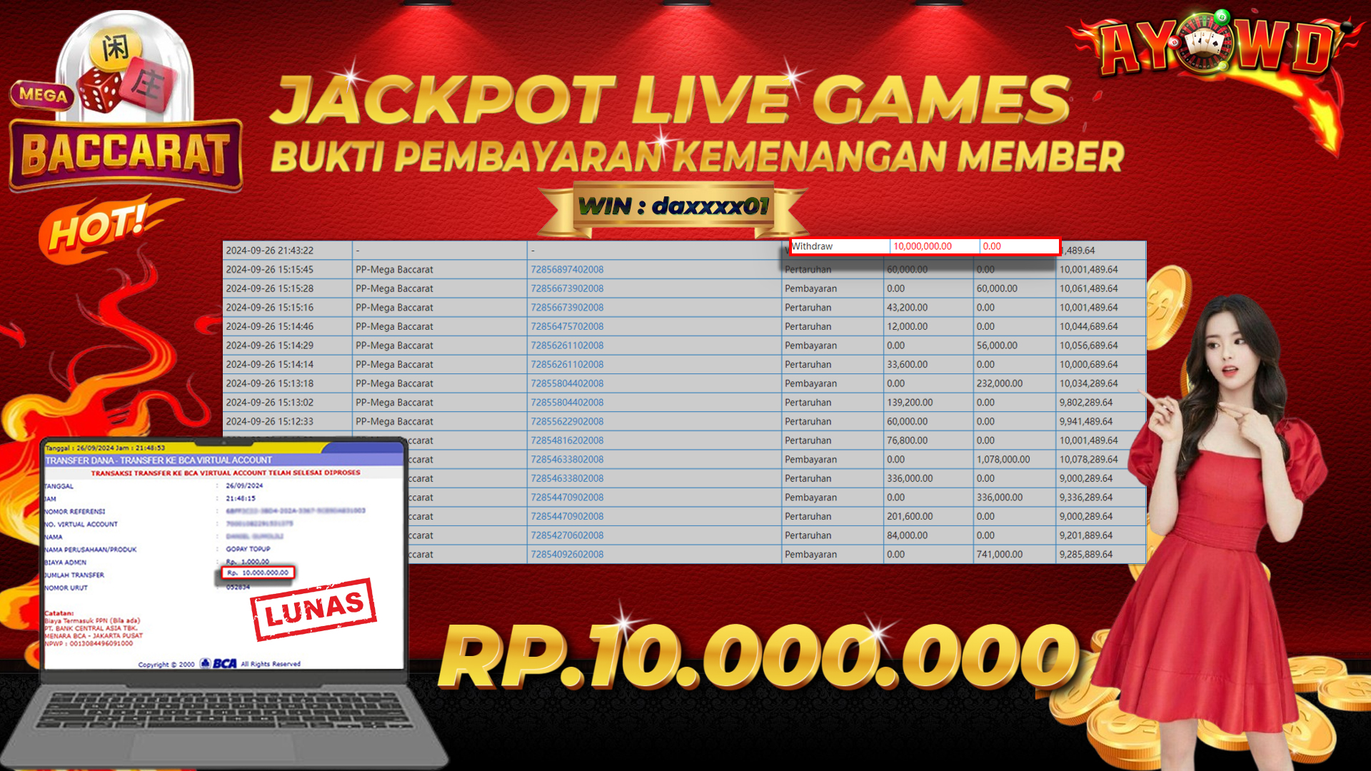 AYOWD JACKPOT LIVE GAMES PP-Mega Baccarat Rp 10,000,000 LUNAS