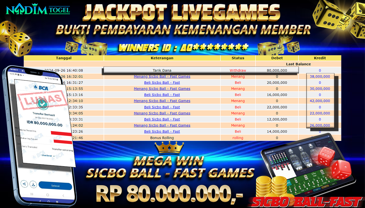 NADIMTOGEL JACKPOT LIVEGAMES SICBO BALL - FAST GAMES Rp 80,000,000,- LUNAS