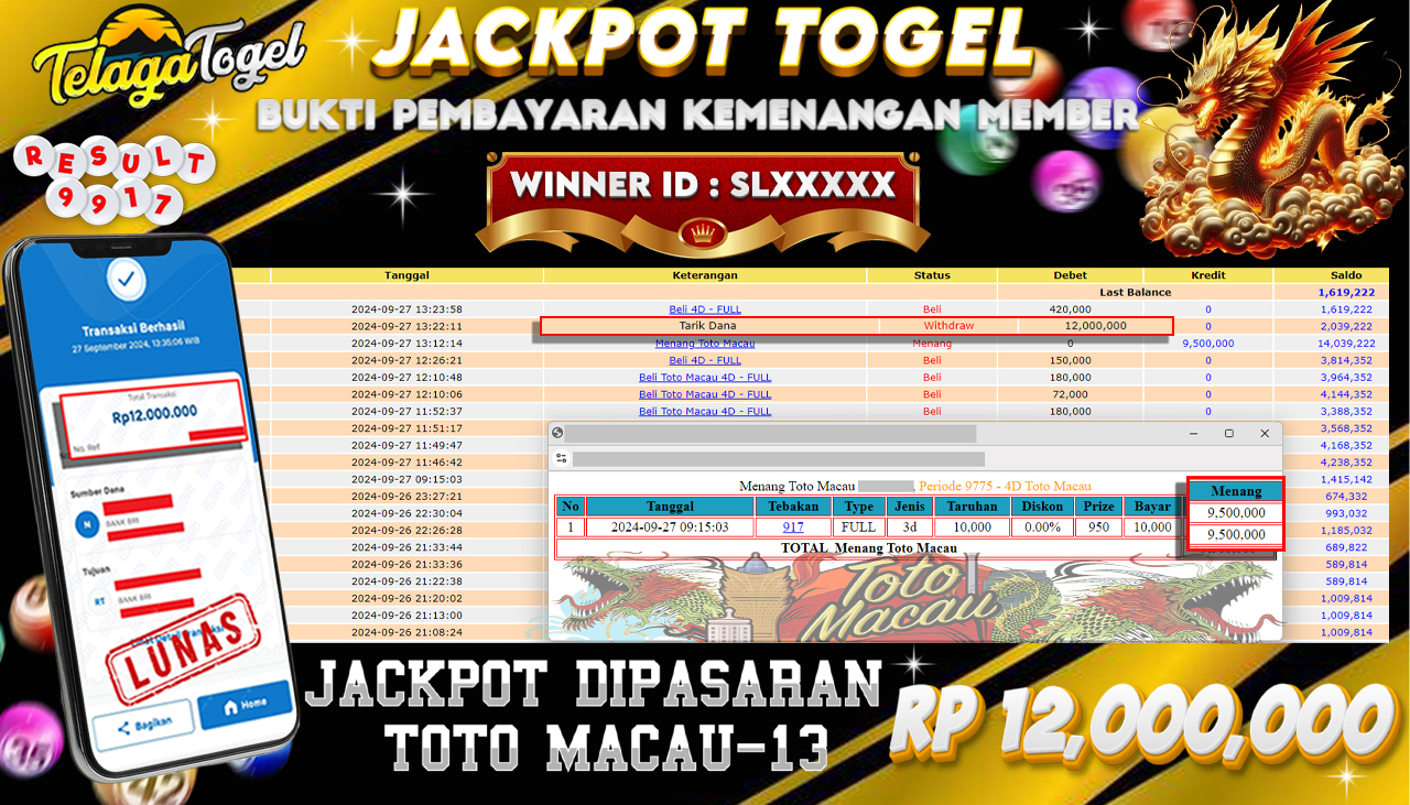 TELAGATOGEL JACKPOT TOGEL TOTOMACAU Rp 12,000,000,- LUNAS