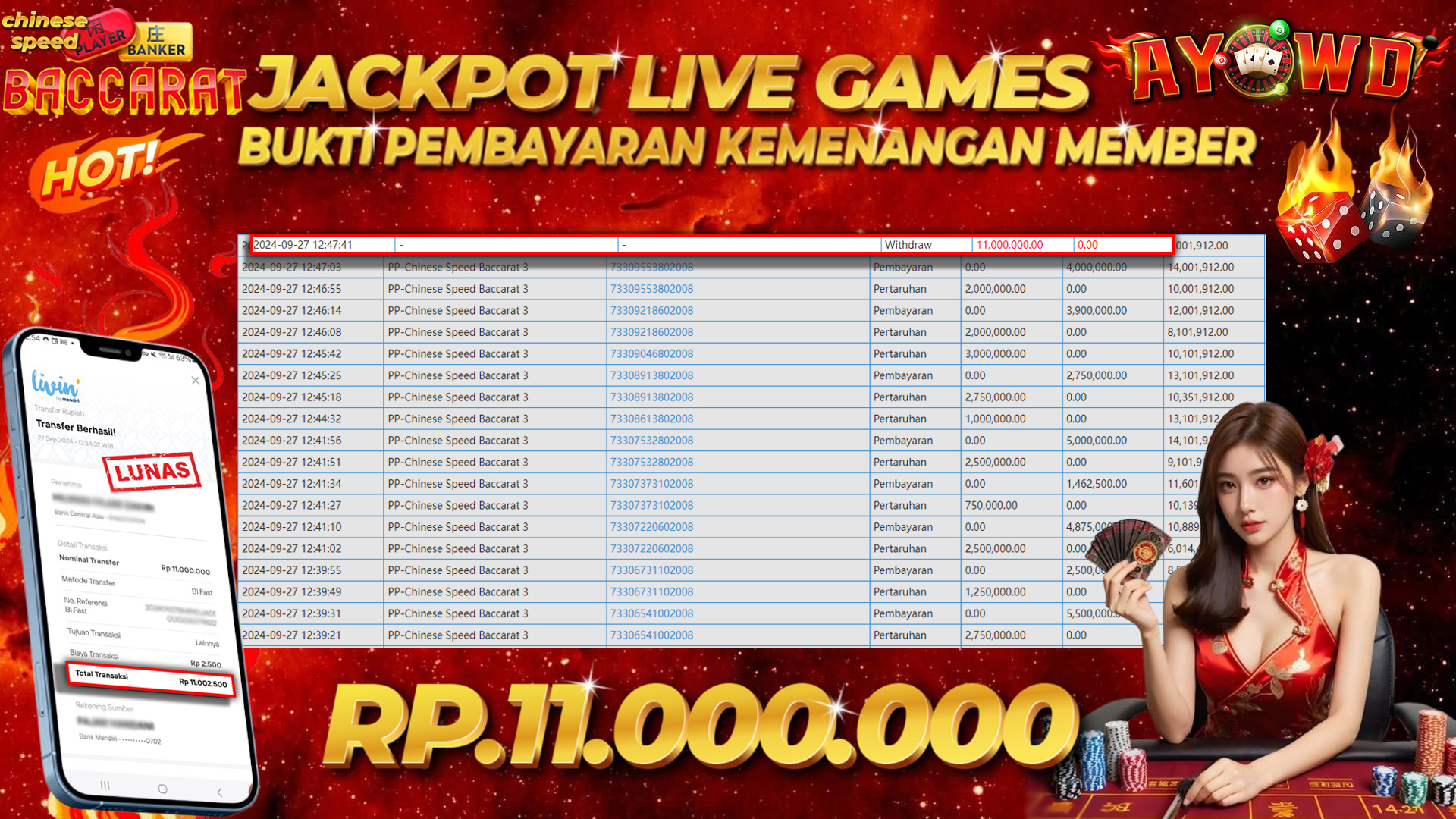 AYOWD JACKPOT LIVE GAMES PP-Chinese Speed Baccarat 3 Rp 11,000,000 LUNAS