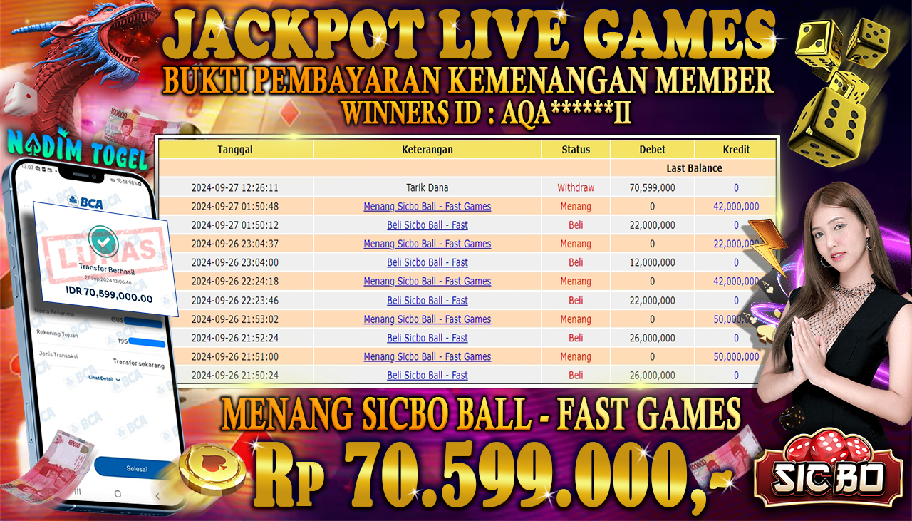 NADIMTOGEL JACKPOT LIVEGAMES SICBO BALL - FAST GAMES Rp 70.599.000,- LUNAS