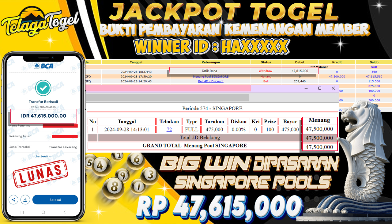 TELAGATOGEL JACKPOT TOGEL SINGAPORE POOL Rp 47,615,000,- LUNAS
