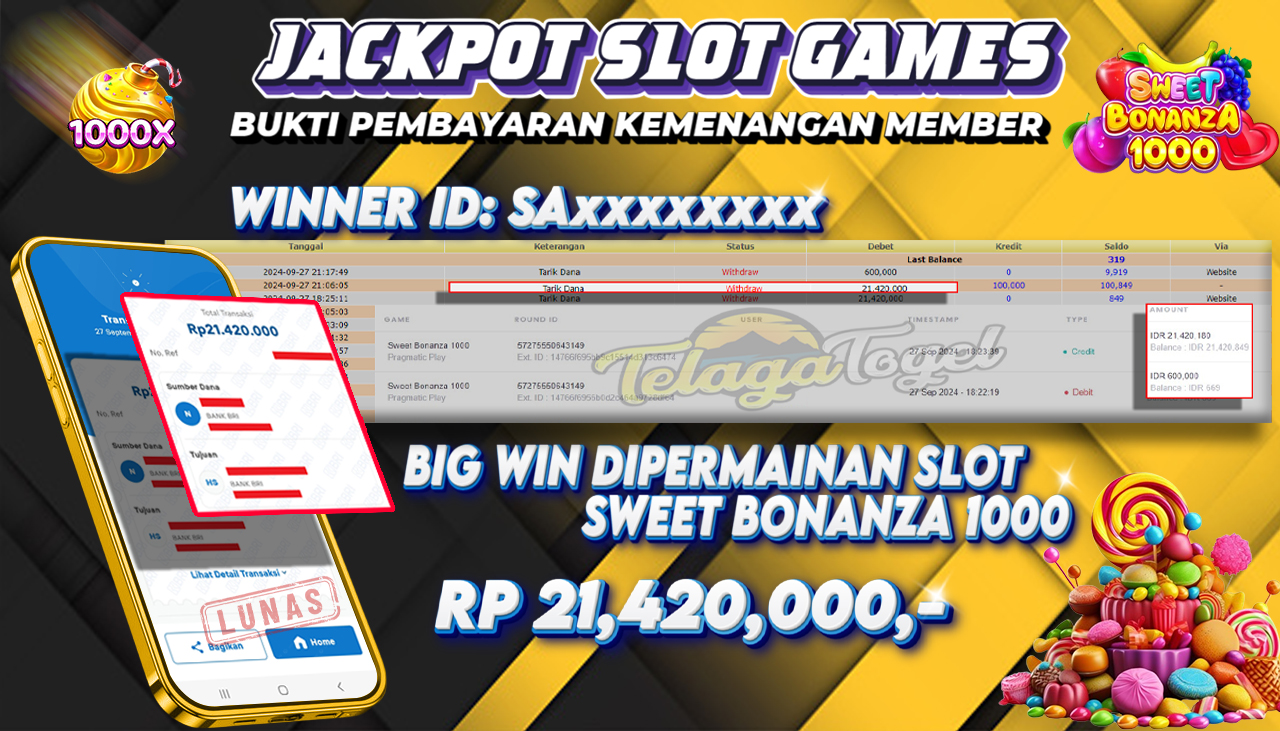 TELAGATOGEL JACKPOT SLOT SWEET BONANZA 1000 Rp 21,420,000,- LUNAS