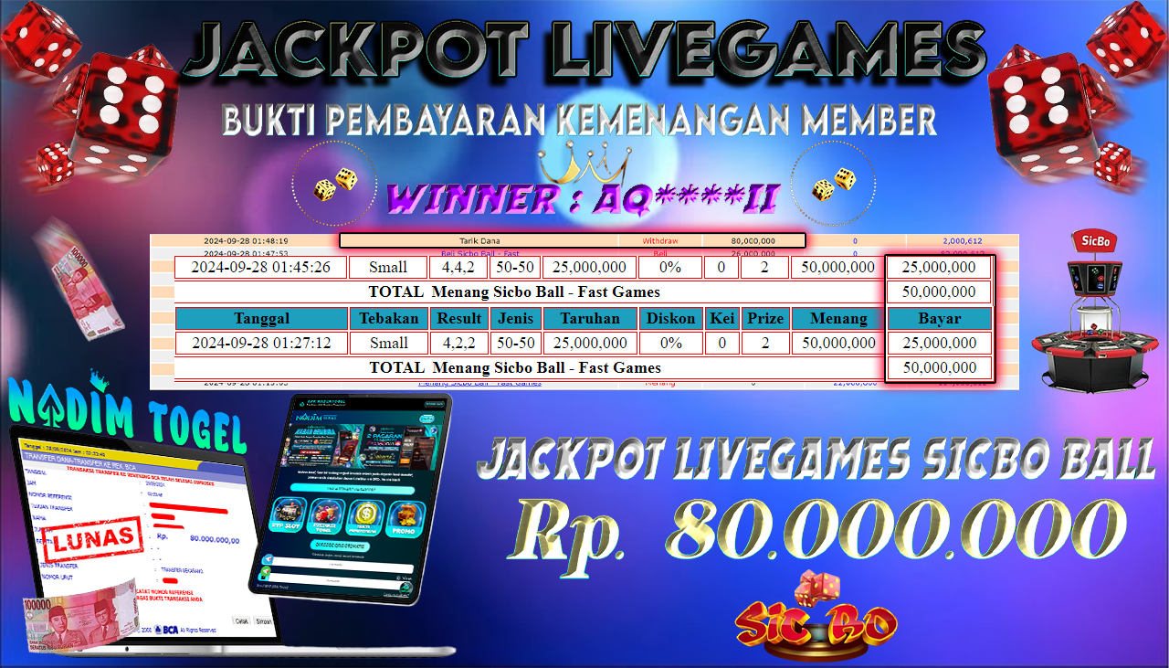 NADIMTOGEL JACKPOT LIVEGAMES SICBO BALL Rp 80.000.000,- LUNAS