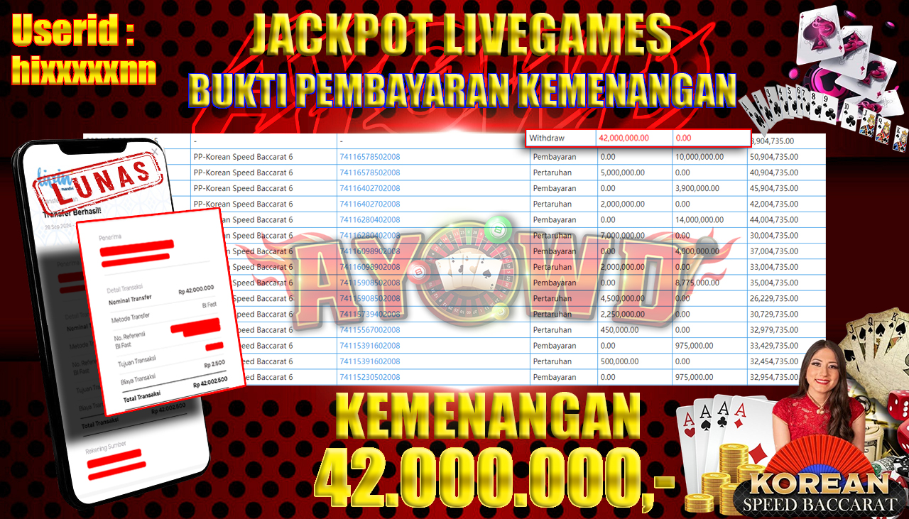 AYOWD JACKPOT LIVE GAMES PP-Korean Speed Baccarat 6 Rp 42,000,000 LUNAS