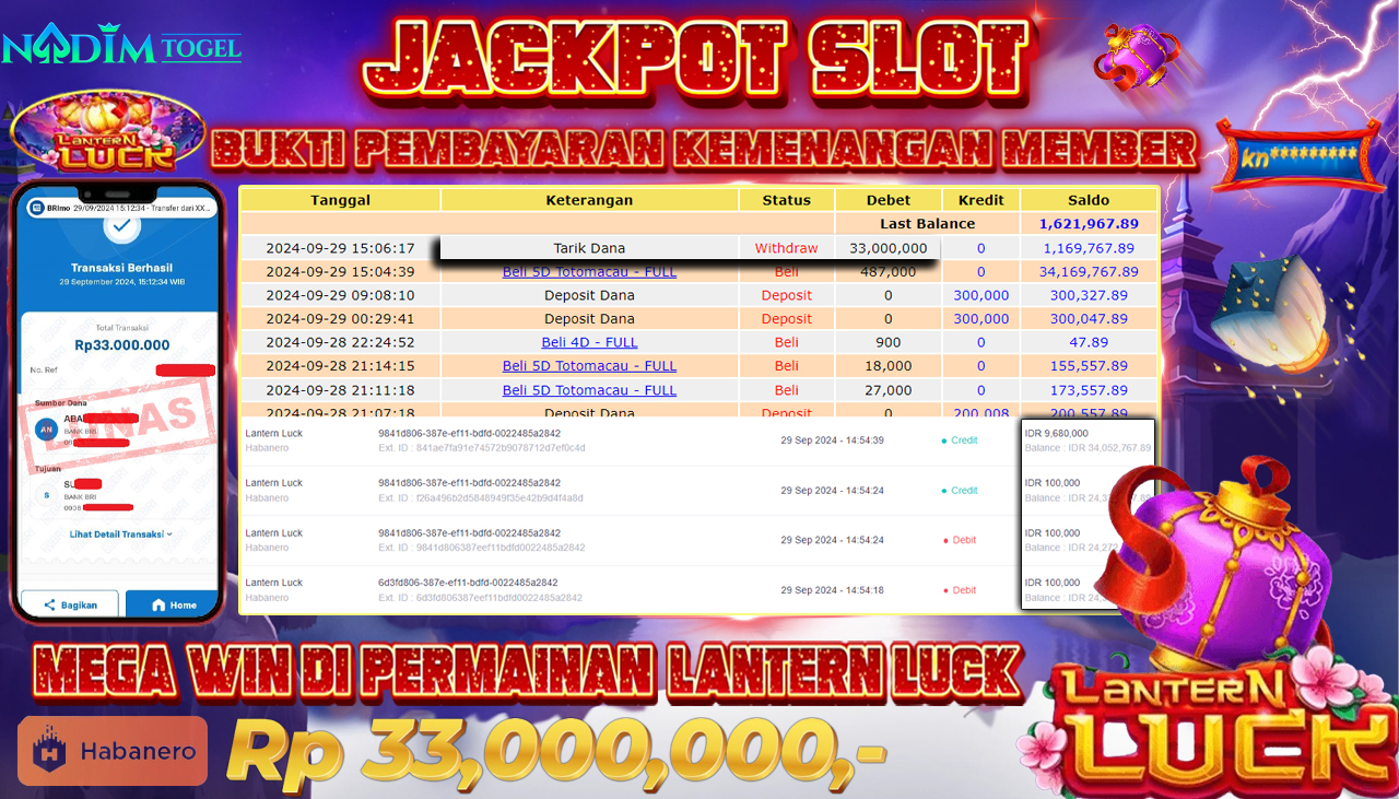 NADIMTOGEL JACKPOT SLOT LANTERN LUCK Rp.33.000.000,- LUNAS
