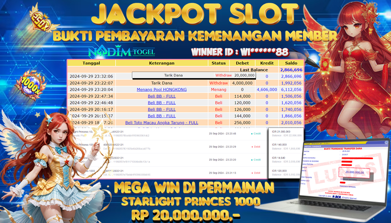 NADIMTOGEL JACKPOT SLOT STARLIGHT PRINCESS 1000 Rp.20.000.000,- LUNAS