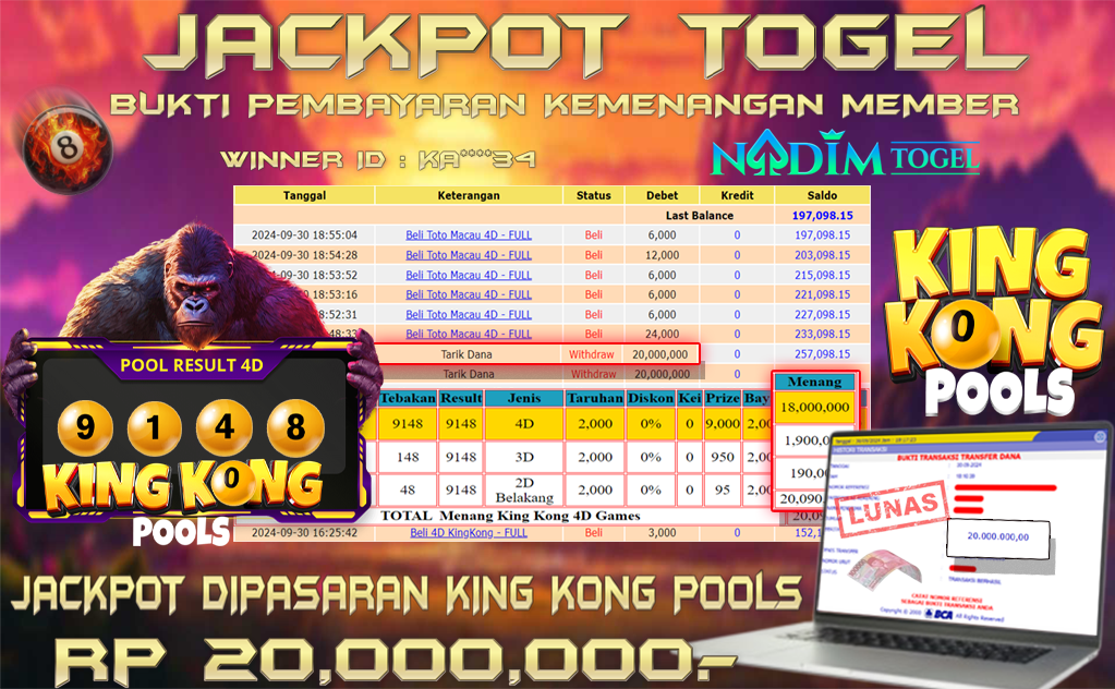 NADIMTOGEL JACKPOT TOGEL KING KONG POOLS Rp 20.000.000,- LUNAS