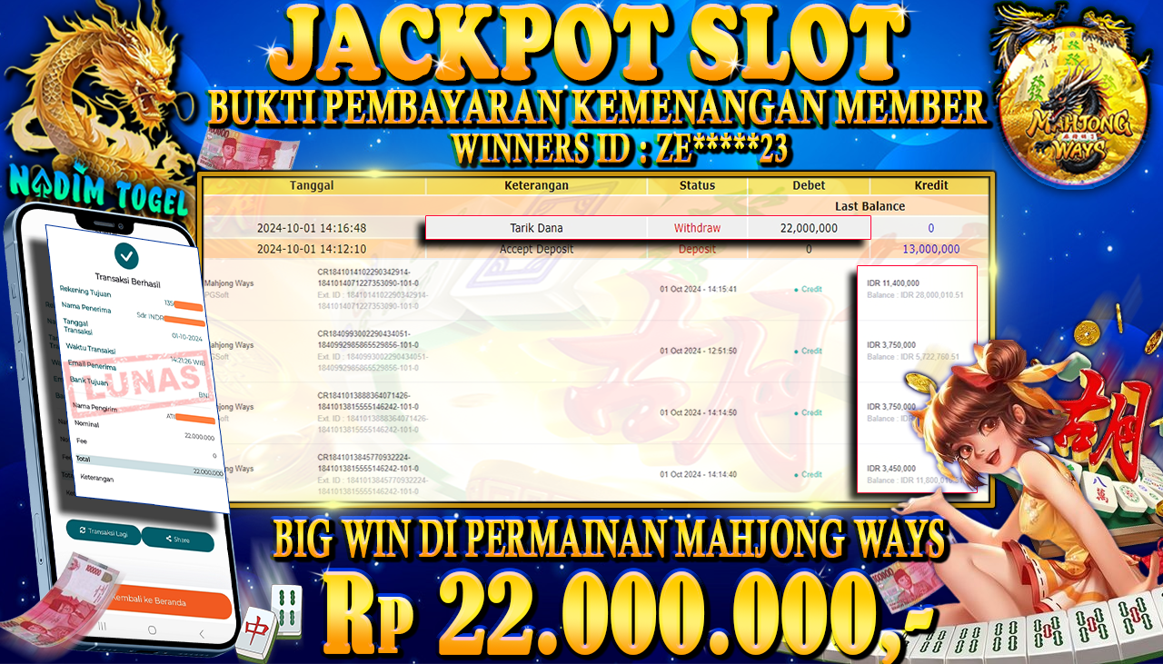 NADIMTOGEL JACKPOT SLOT MAHJONG WAYS Rp 22.000.000,- LUNAS