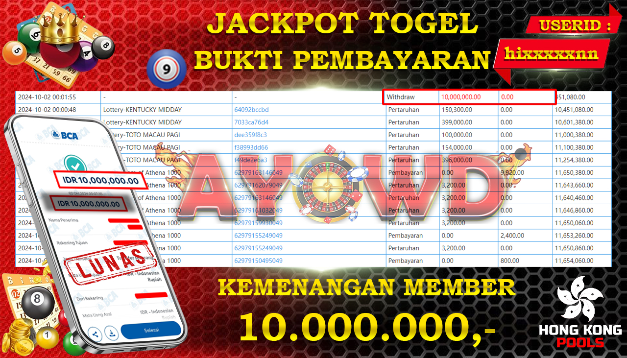 AYOWD JACKPOT Lottery-HONGKONG Rp 10,000,000 LUNAS