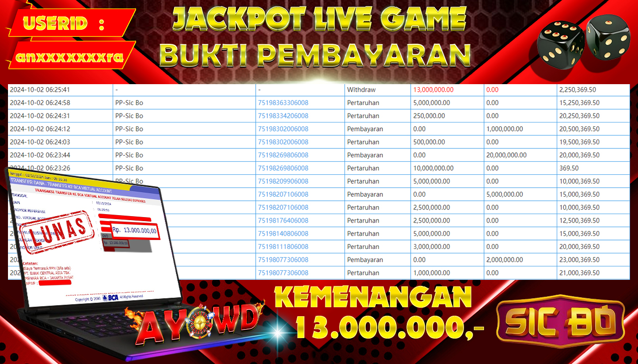 AYOWD JACKPOT LIVE GAMES PP-Sic Bo Rp 13,000,000 LUNAS