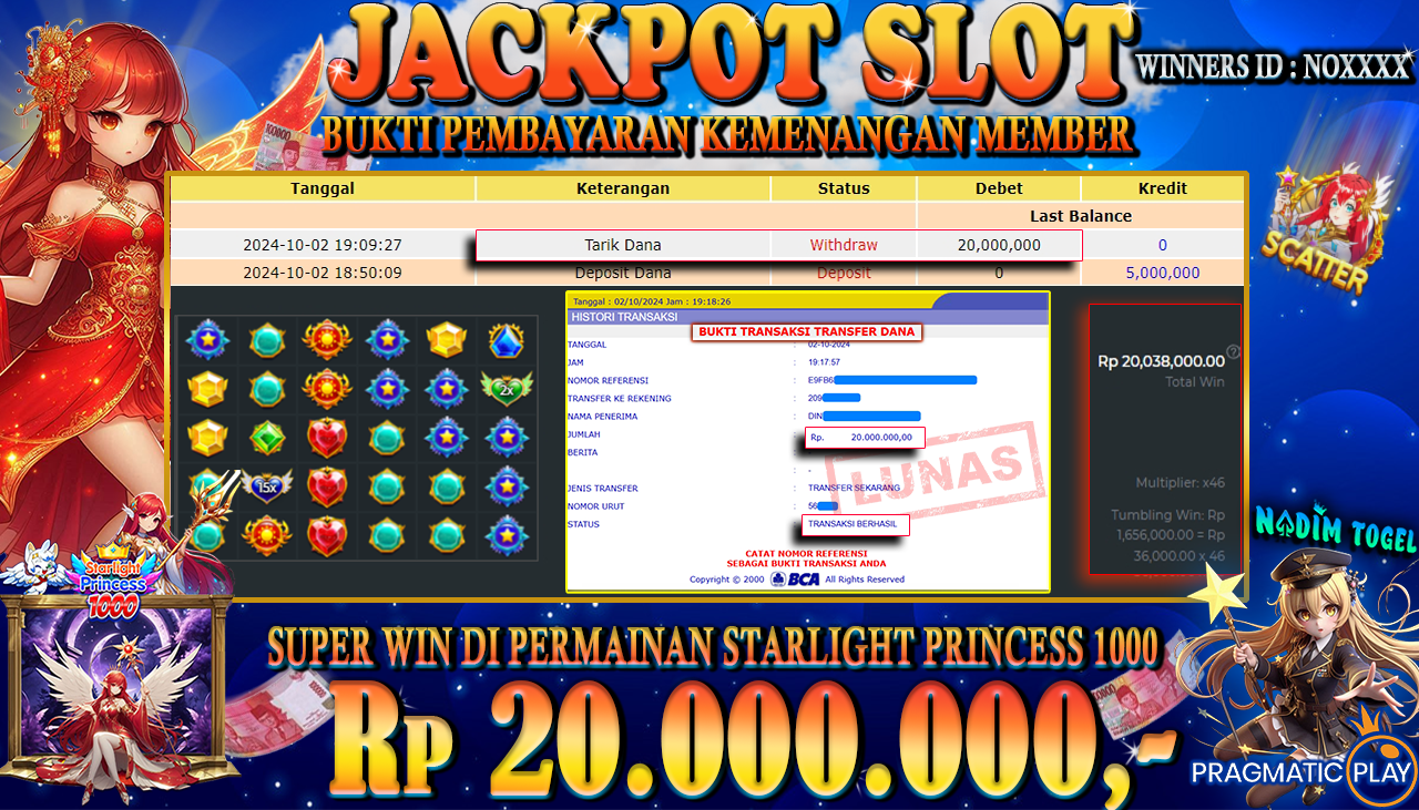 NADIMTOGEL JACKPOT SLOT STARLIGHT PRINCESS 1000 Rp 20.000.000,- LUNAS