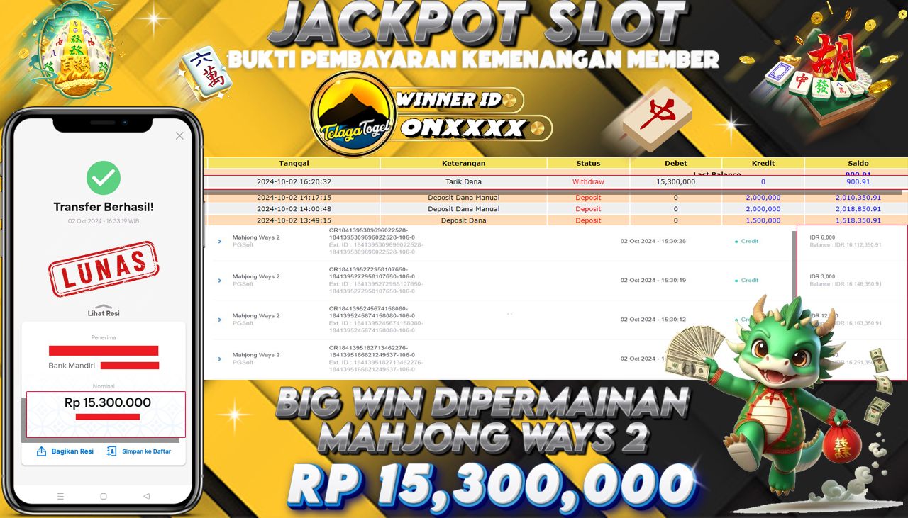 TELAGATOGEL JACKPOT SLOT MAHJONG WAYS 2 Rp 15,300,000,- LUNAS