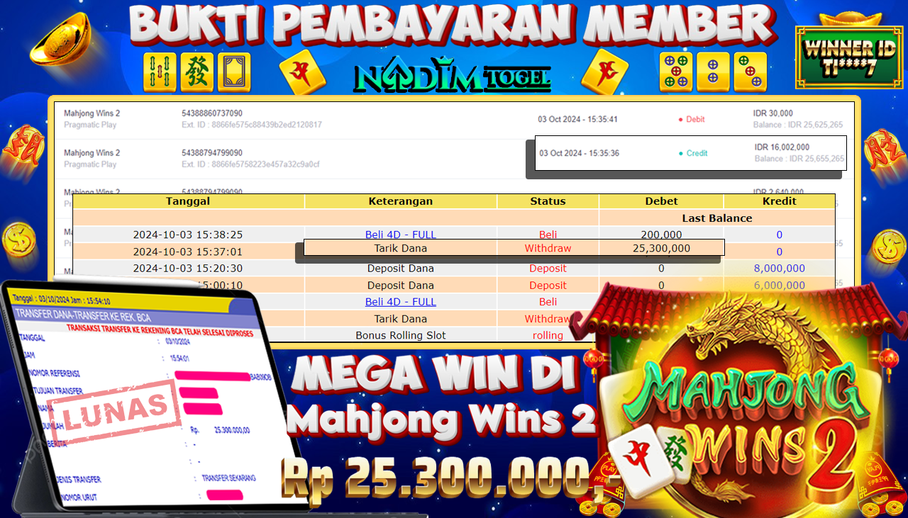 NADIMTOGEL JACKPOT SLOT MAHJONG WINS 2 Rp 25,300,000,- LUNAS