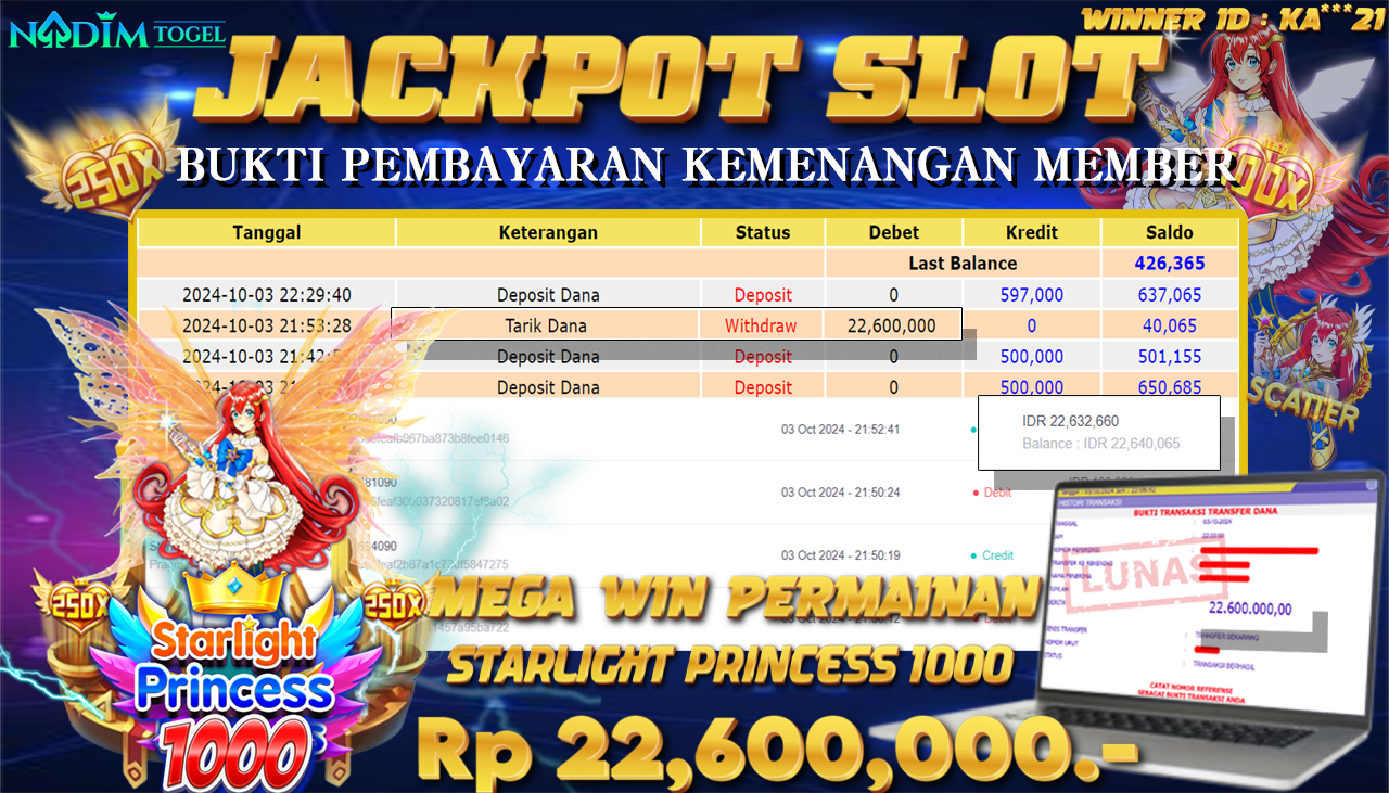 NADIMTOGEL JACKPOT Starlight Princess 1000 Rp 22,600,000,- LUNAS