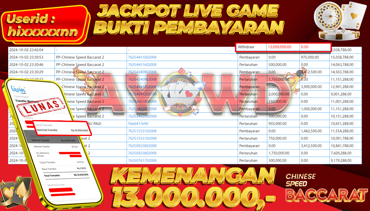 AYOWD JACKPOT LIVE GAMES PP-Chinese Speed Baccarat 2 Rp 13,000,000 LUNAS