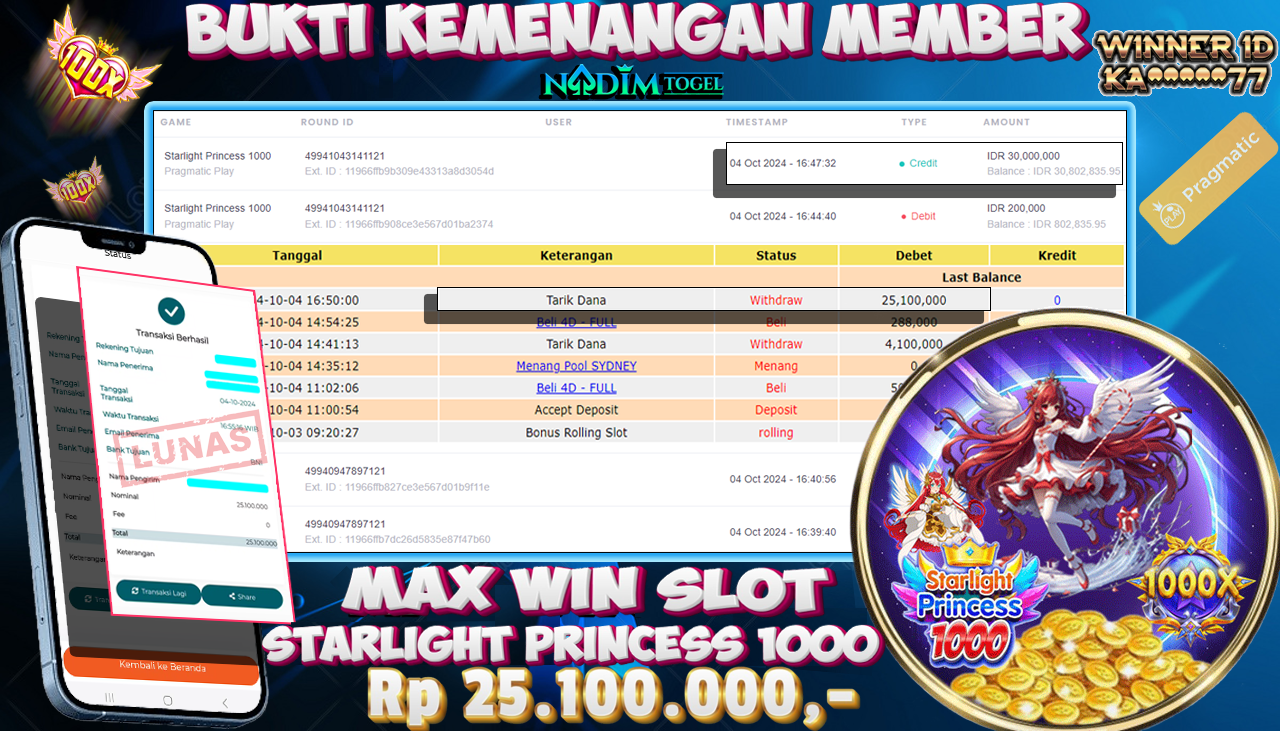 NADIMTOGEL JACKPOT SLOT STARLIGHT PRINCESS 1000 Rp 25,100.000,- LUNAS