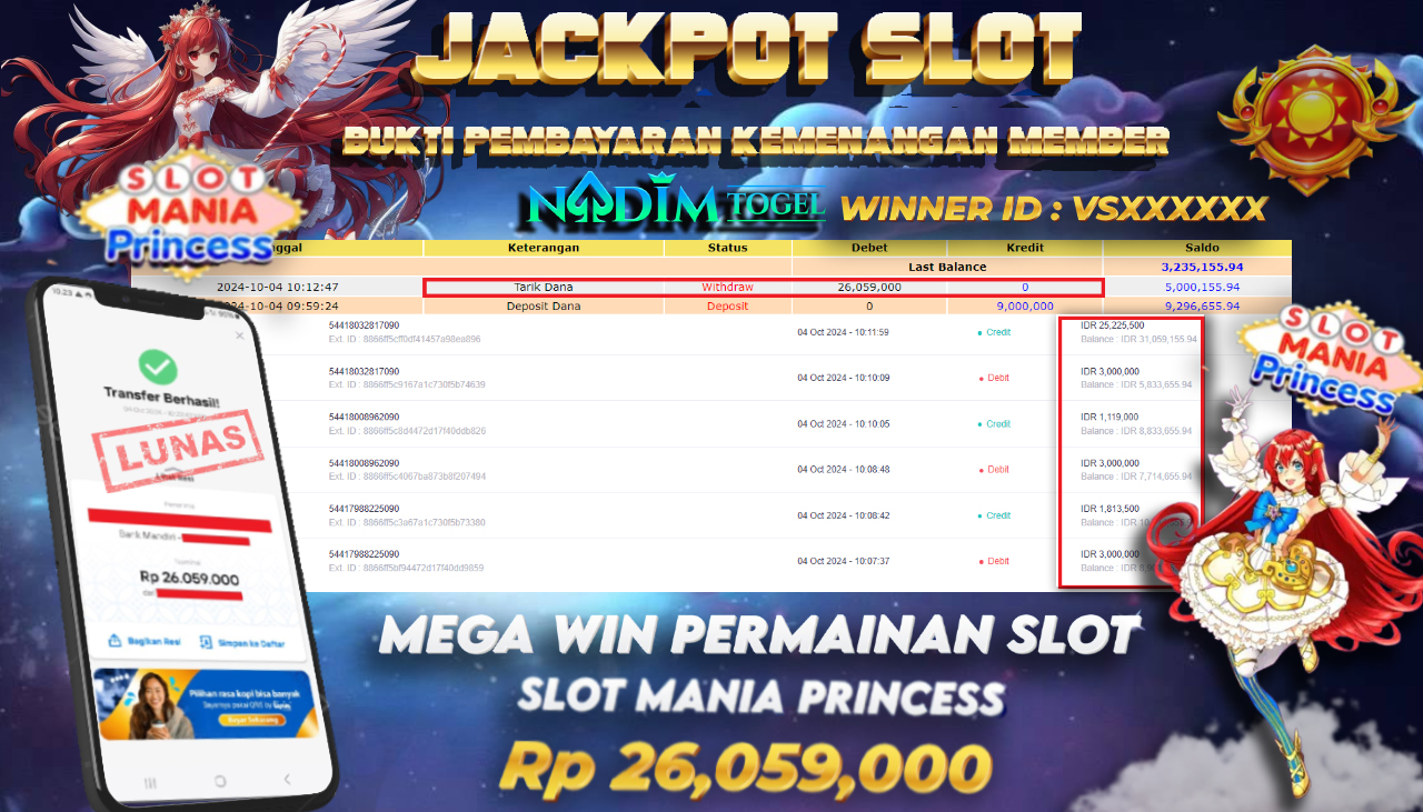 NADIMTOGEL JACKPOT SLOT MANIA PRINCESS Rp 26,059.000,- LUNAS