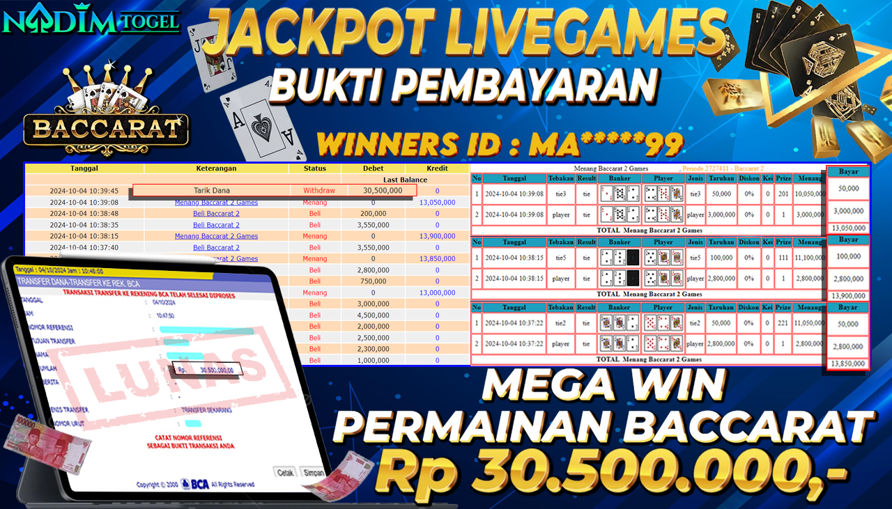 NADIMTOGEL JACKPOT LIVEGAMES BACCARAT GAMES Rp 30,500,000,- LUNAS