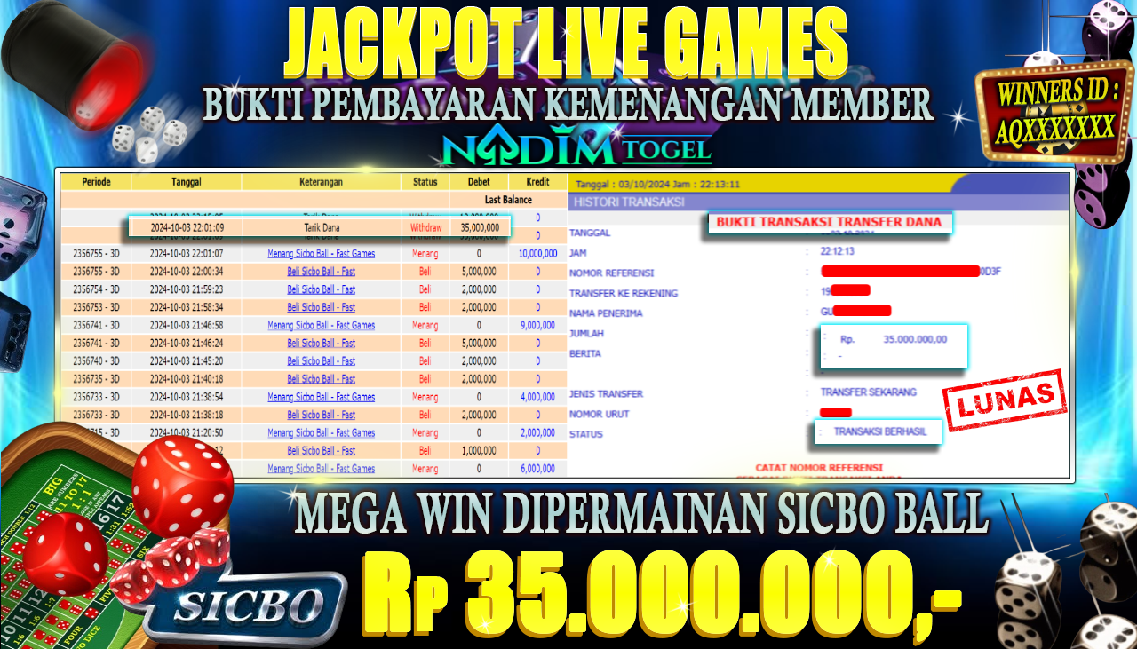 NADIMTOGEL JACKPOT LIVEGAMES SICBO BALL Rp 35,000,000,- LUNAS