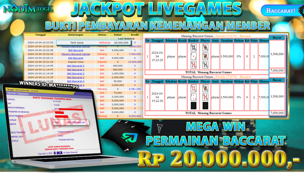 NADIMTOGEL JACKPOT LIVEGAMES BACCARAT GAMES Rp 20,000,000,- LUNAS