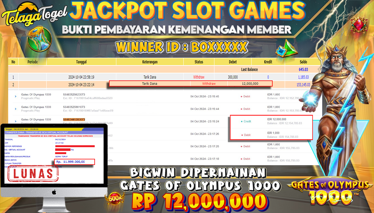 TELAGATOGEL JACKPOT SLOT GATES OF OLYMPUS 1000 Rp 12,000,000,- LUNAS