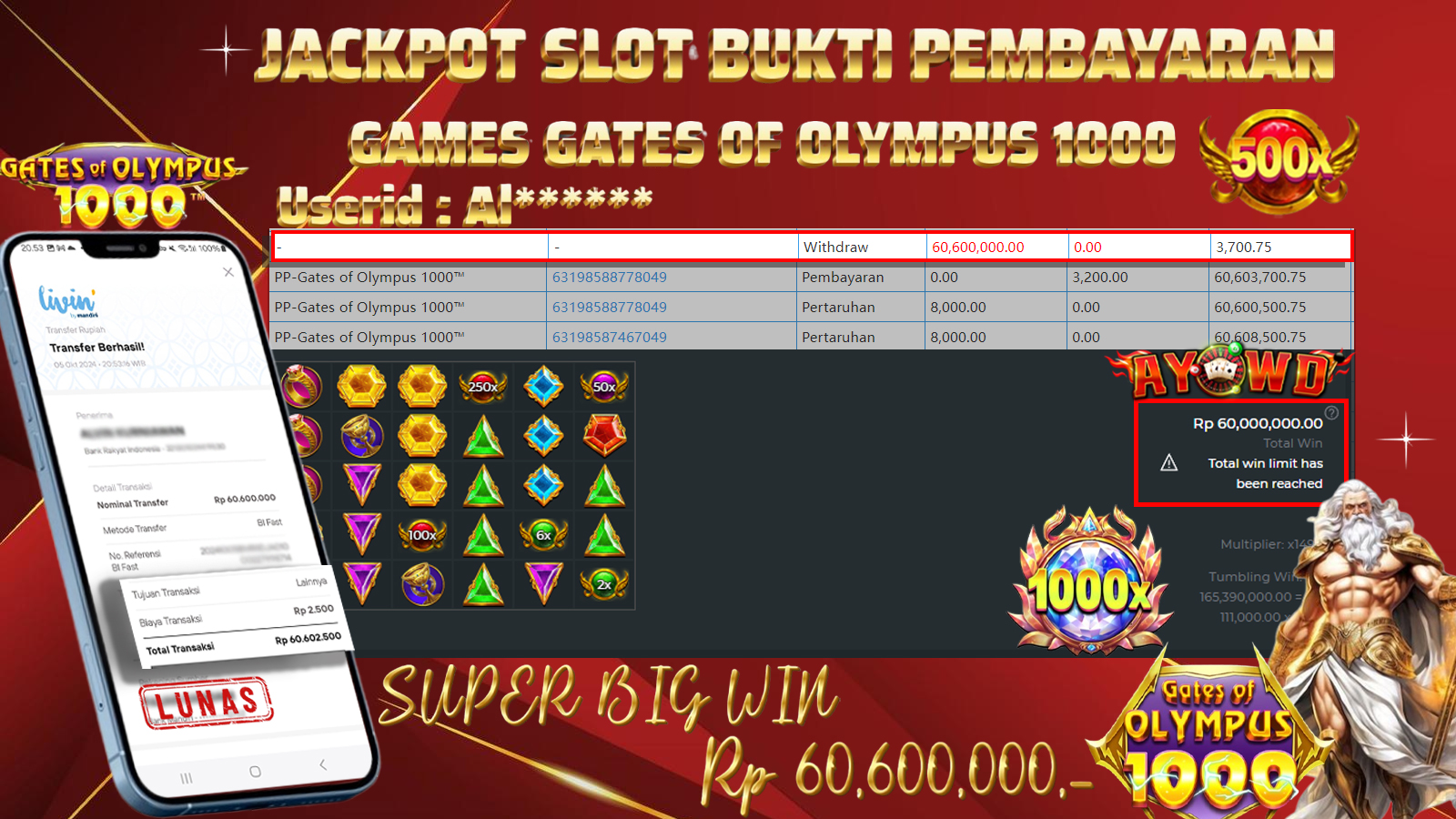 AYOWD JACKPOT SLOT GAME PP-GATES OF OLYMPUS 1000 Rp 60,600,000 LUNAS