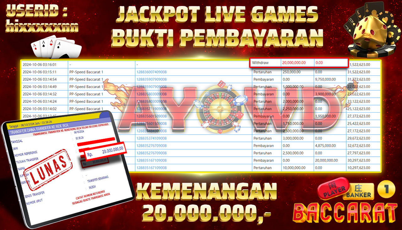 AYOWD JACKPOT LIVE GAME PP-Baccarat 1 Rp 20.000.000 LUNAS