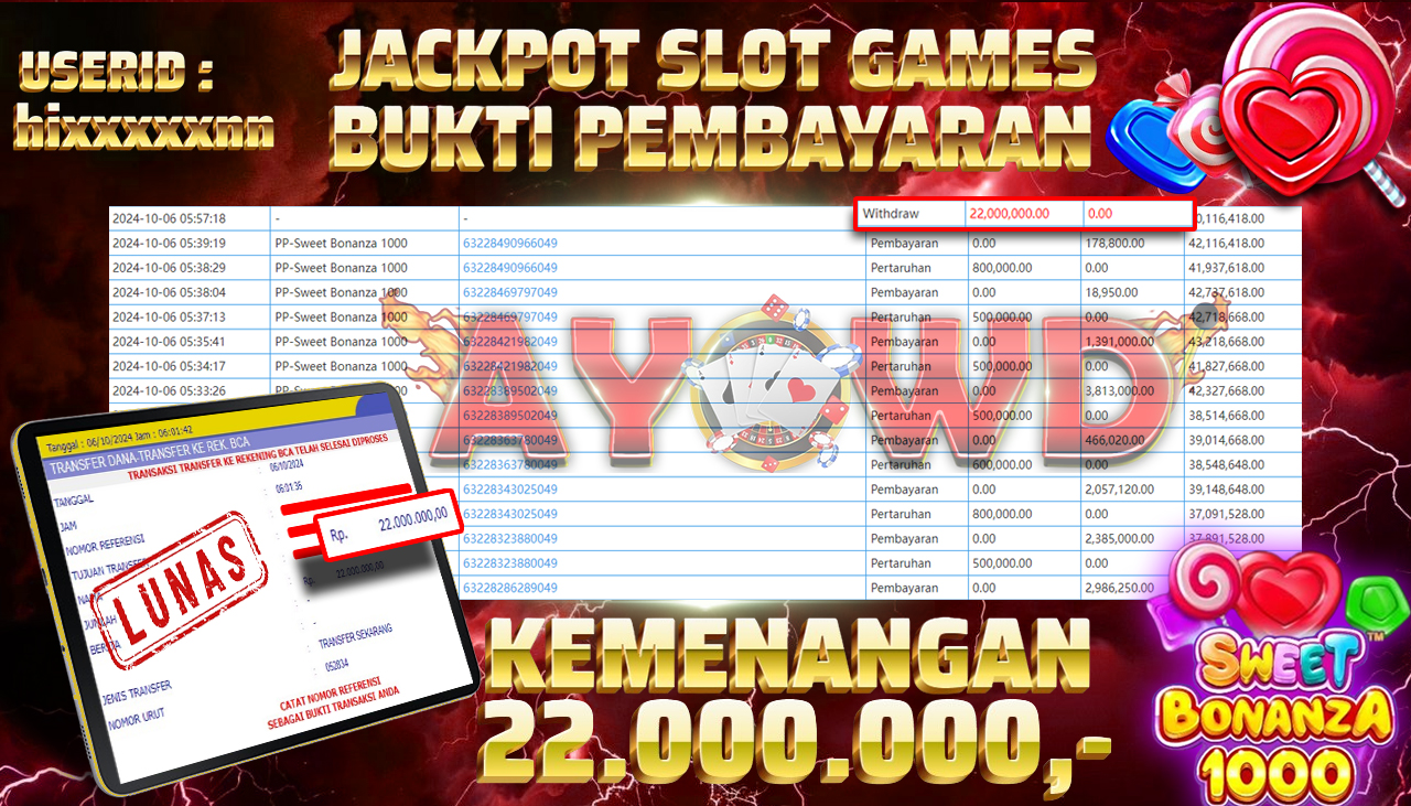 AYOWD JACKPOT SLOT GAME PP-Sweet Bonanza 1000 Rp 22,000,000 LUNAS