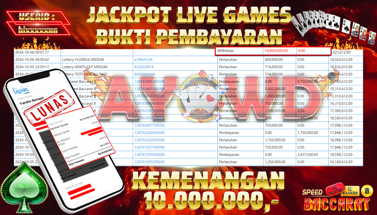 AYOWD JACKPOT LIVE GAME PP-Speed Baccarat 8 Rp 10,000,000 LUNAS