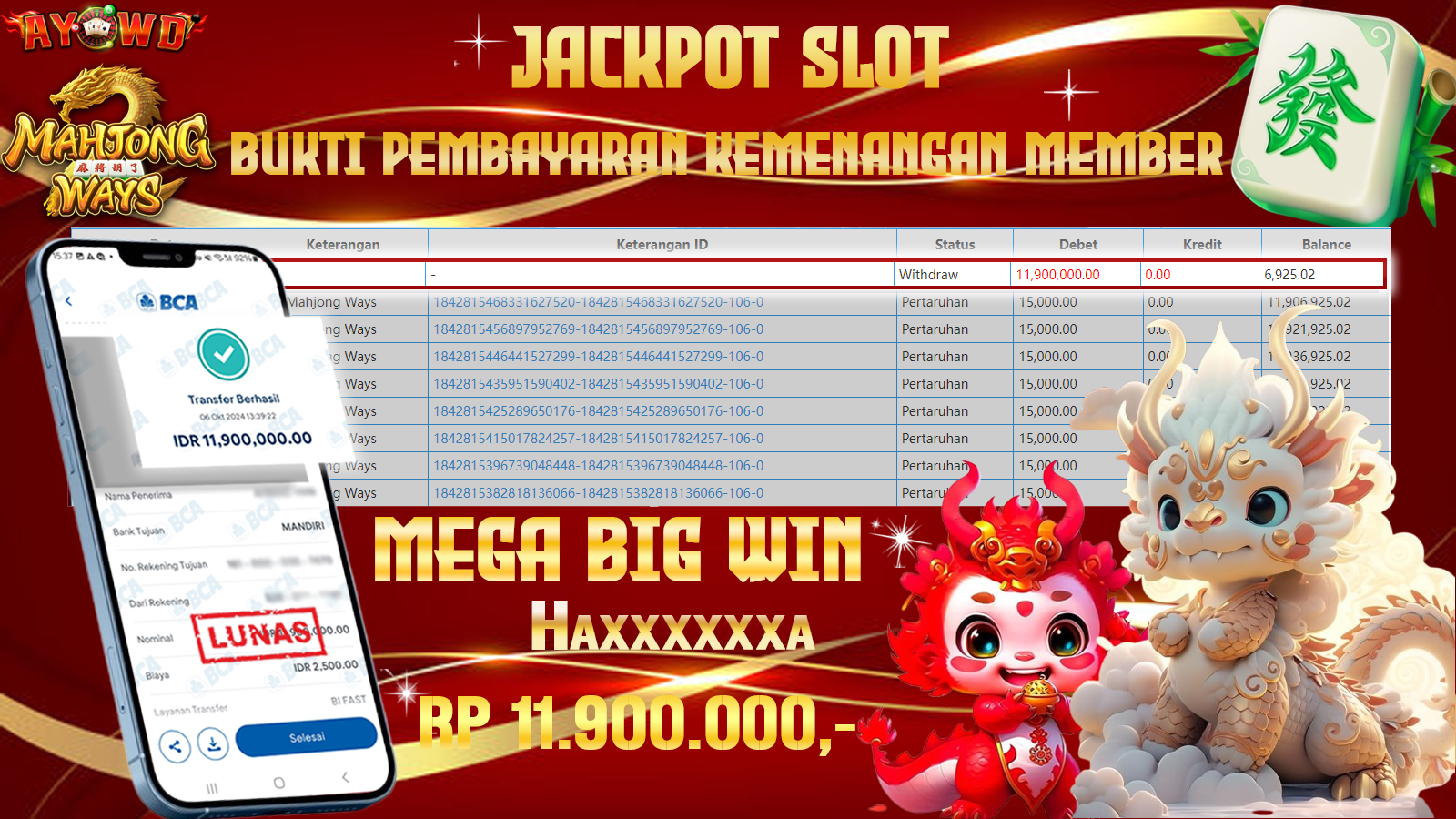 AYOWD JACKPOT SLOT GAME PG-Mahjong Ways  Rp 11,900,000 LUNAS