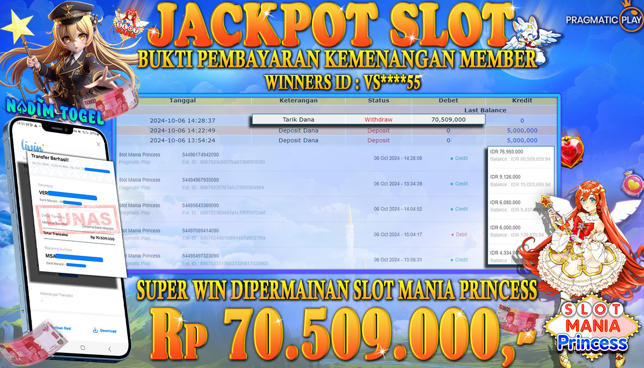 NADIMTOGEL JACKPOT SLOT MANIA PRINCESS Rp 70.509.000,- LUNAS
