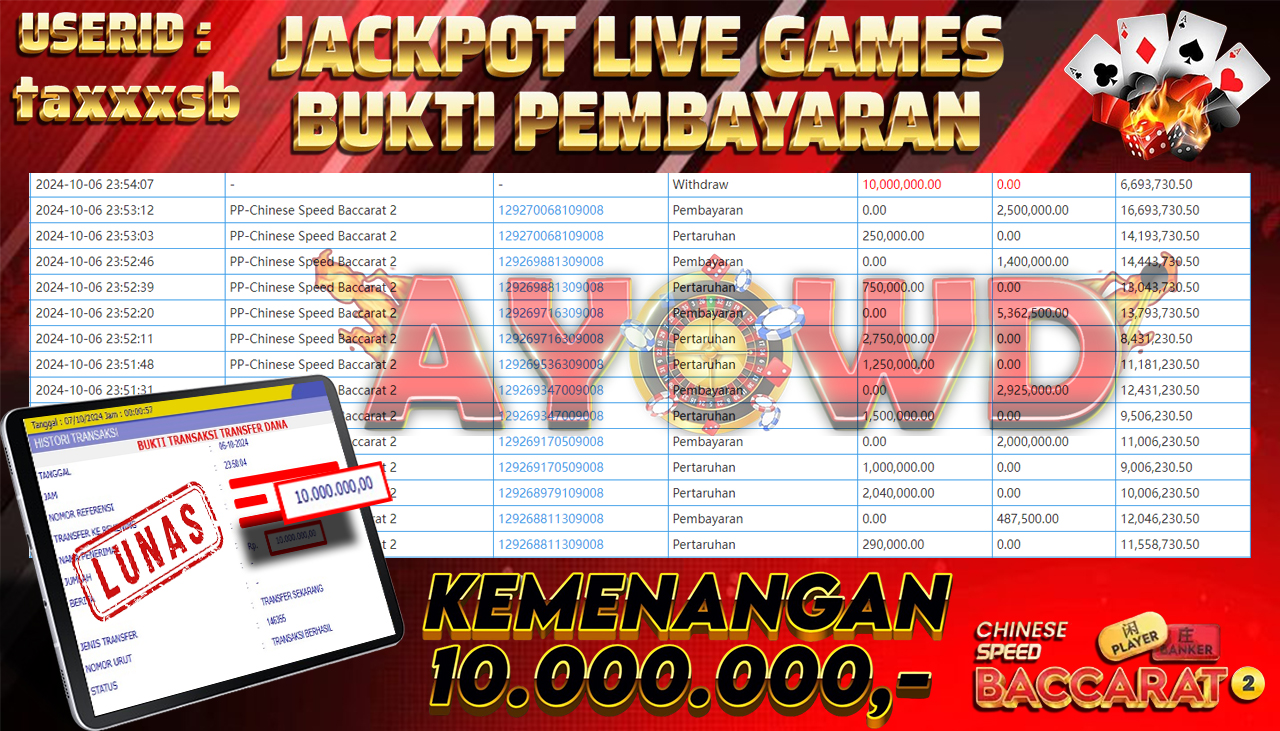 AYOWD JACKPOT LIVE GAME PP-Chinese Speed Baccarat 2 Rp 10,000,000 LUNAS