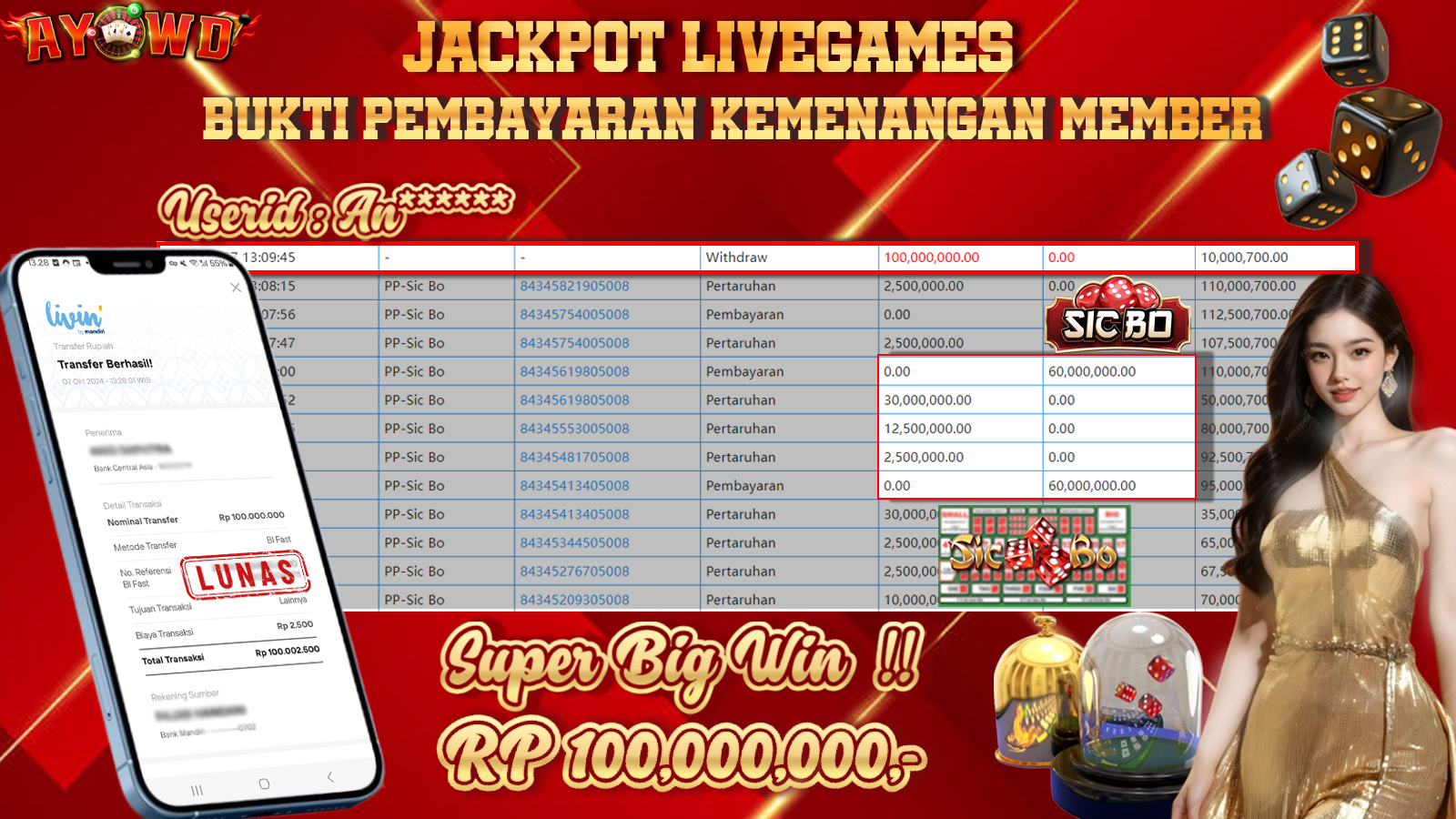 AYOWD JACKPOT LIVE GAME PP-Sic Bo Rp 100,000,000LUNAS
