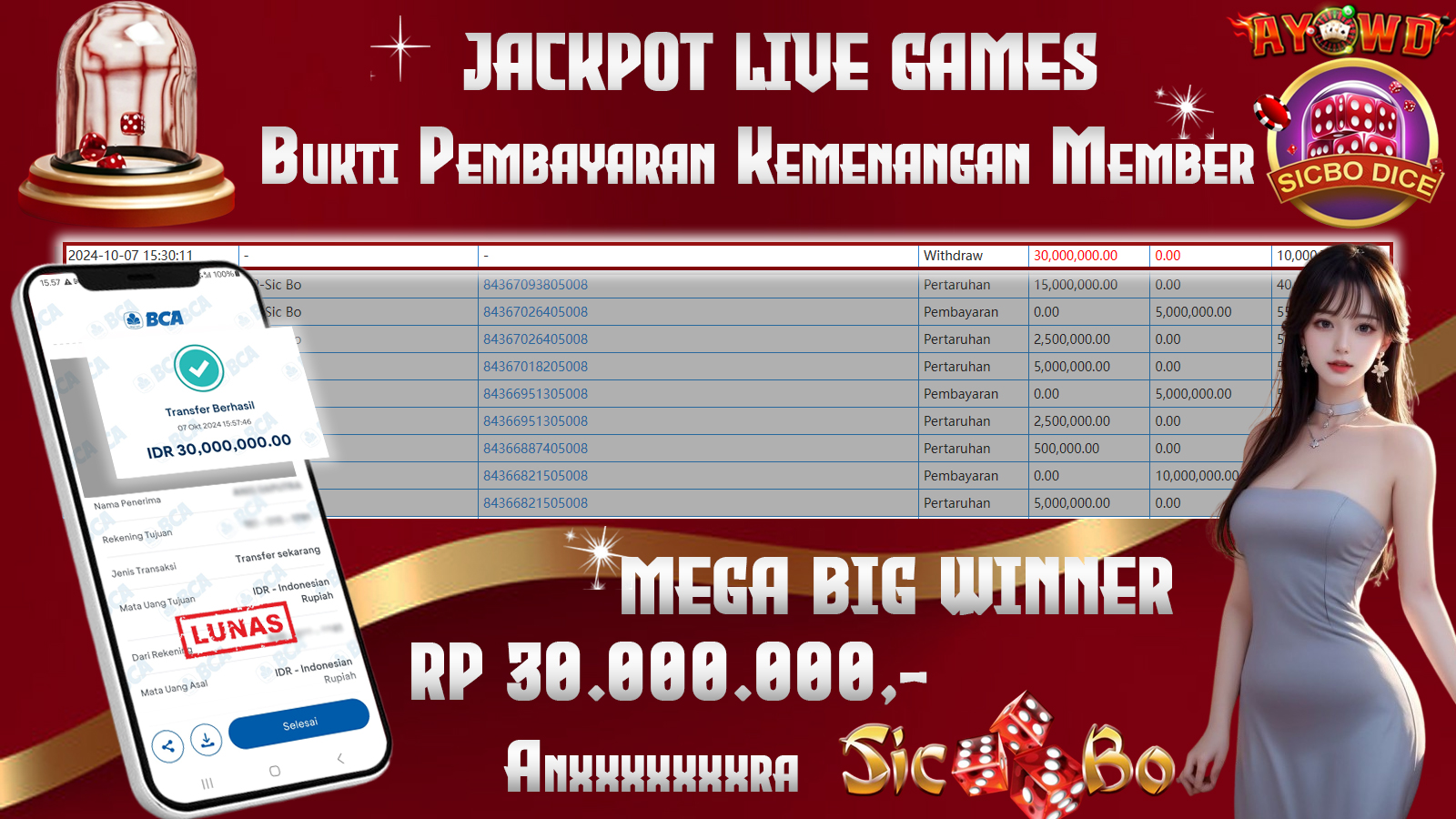 AYOWD JACKPOT LIVE GAME PP-Sic Bo Rp 30,000,000LUNAS