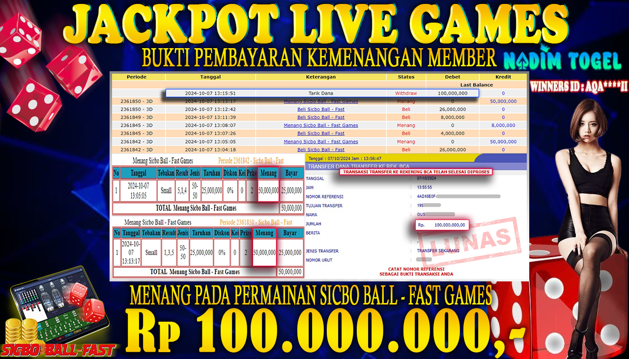 NADIMTOGEL JACKPOT LIVEGAMES SICBO BALL-FAST GAMES Rp 100.000.000,- LUNAS
