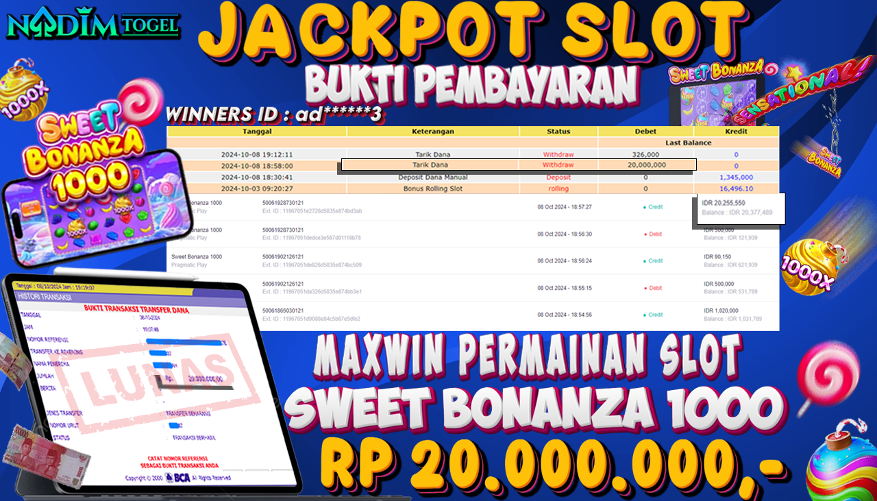 NADIMTOGEL JACKPOT SLOT SWEET BONANZA 1000 Rp 20,000,000,- LUNAS