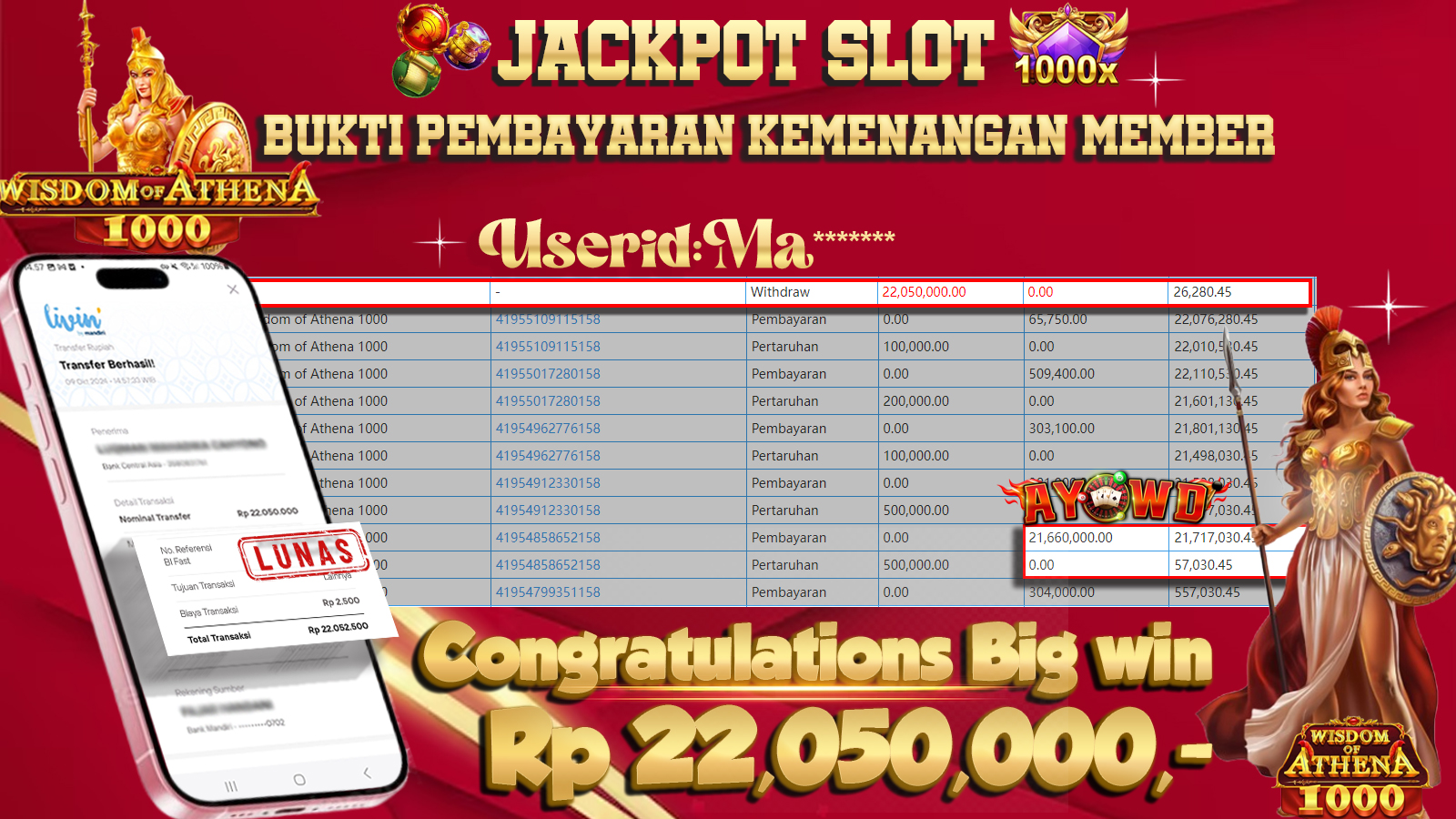 AYOWD JACKPOT SLOT GAME PP-Wisdom of Athena 1000 Rp 22,050,000 LUNAS