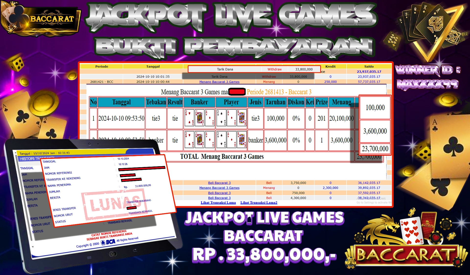 NADIMTOGEL JACKPOT LIVE GAMES BACCARAT Rp.33,800,000,- LUNAS