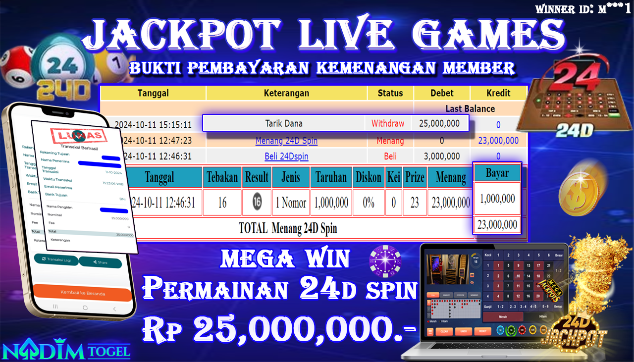 NADIMTOGEL JACKPOT LIVE GAMES 24D SPIN Rp. 25,000,000,- LUNAS