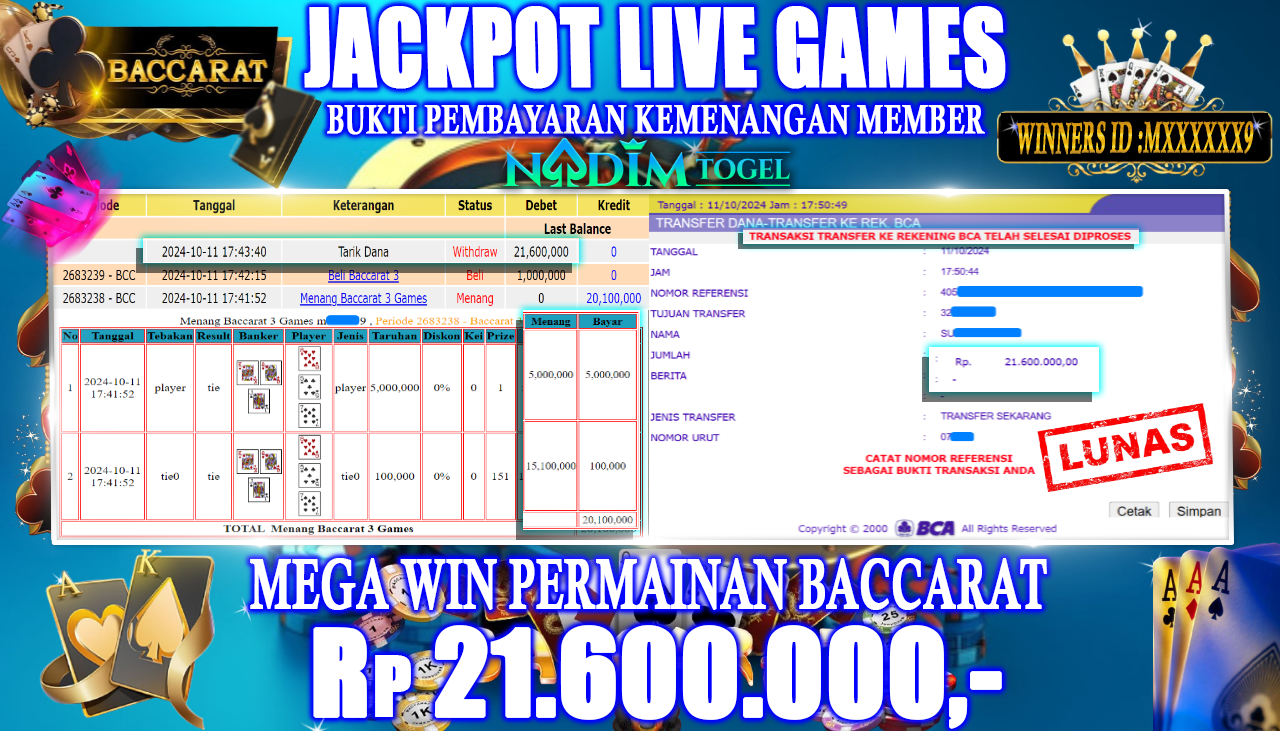 NADIMTOGEL JACKPOT LIVE GAMES BACCARAT Rp. 21,600,000,- LUNAS