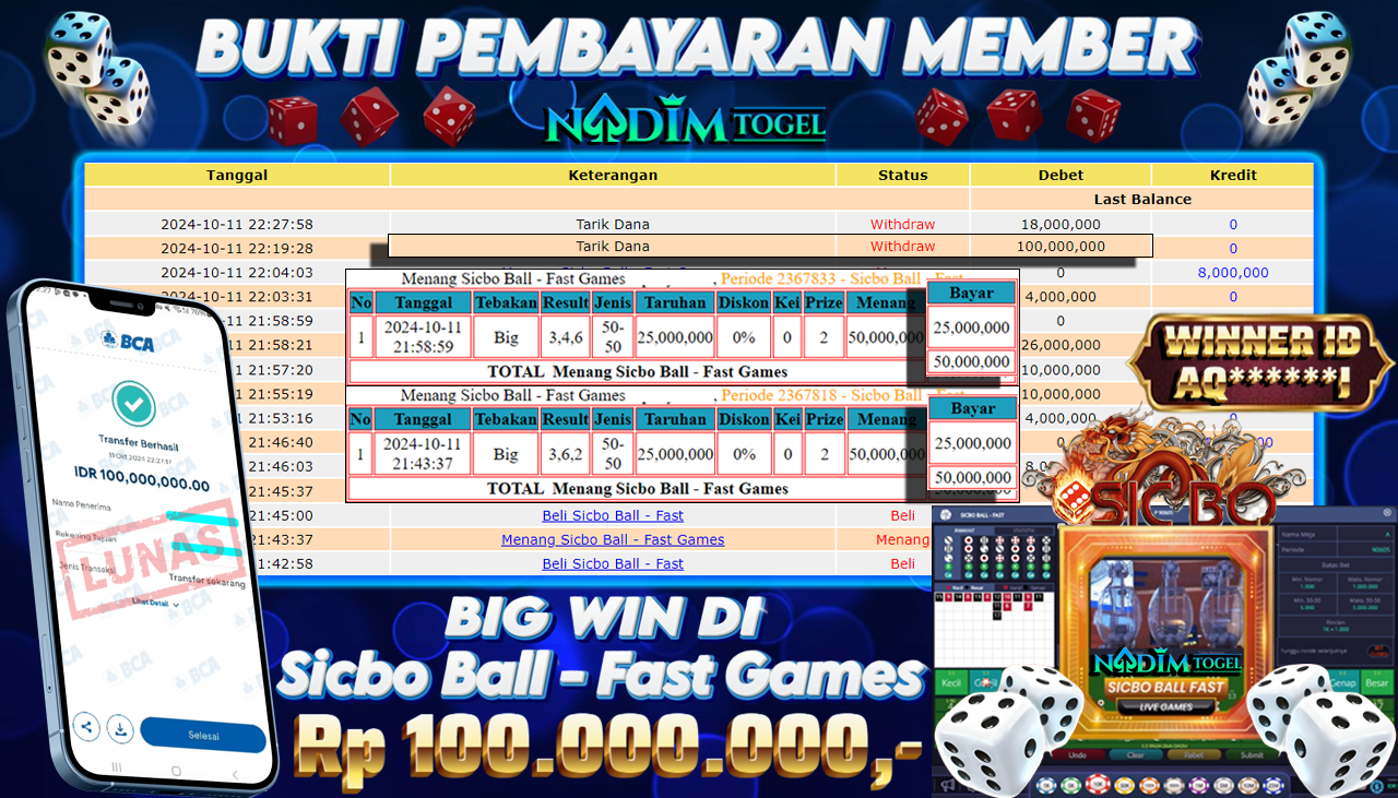 NADIMTOGEL JACKPOT LIVE SICBO BALL-FAST GAMES Rp. 100,000,000,- LUNAS