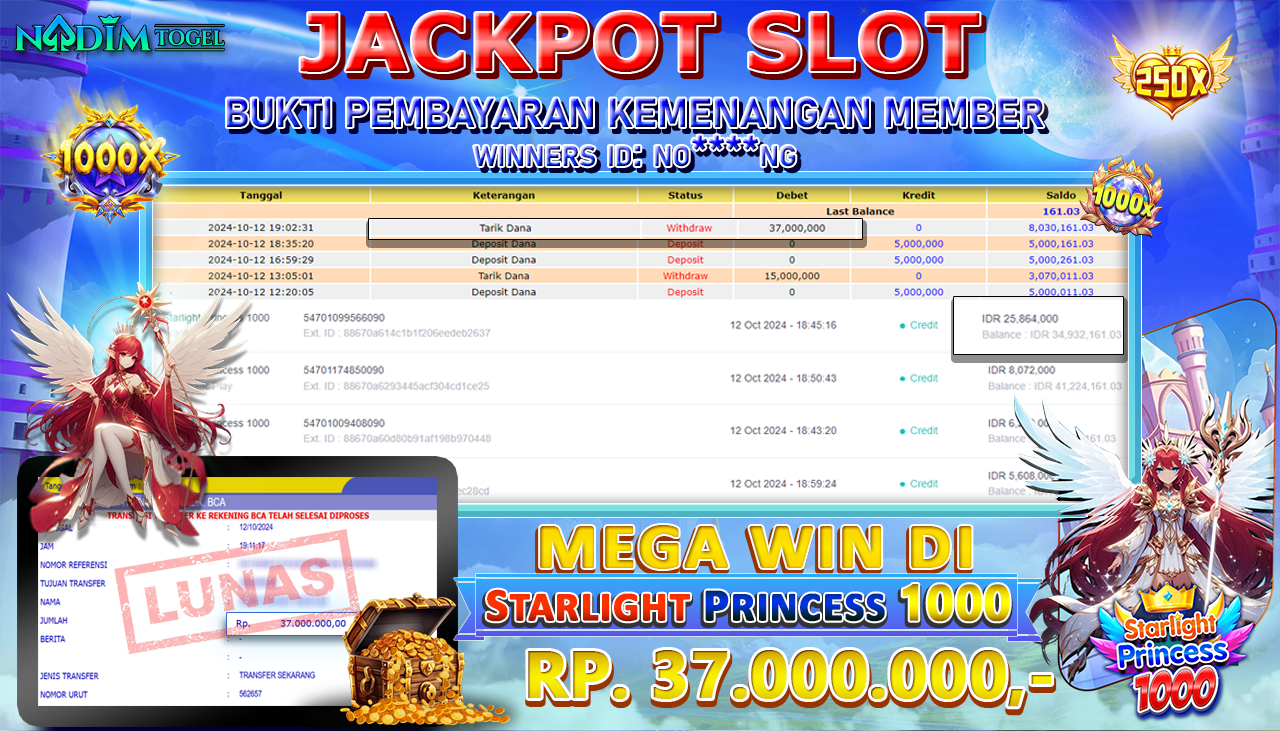 NADIMTOGEL JACKPOT SLOT STARLIGHT PRINCESS 1000 Rp 37,000,000,- LUNAS
