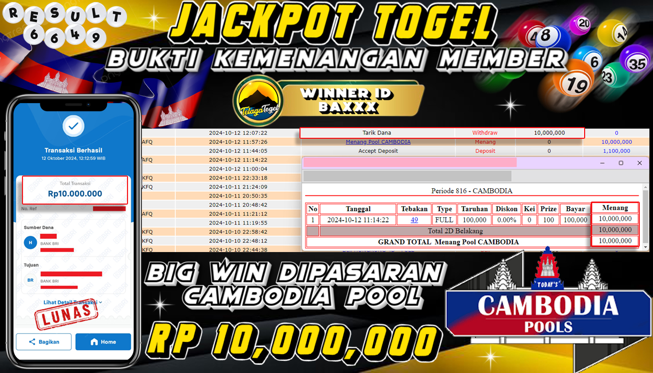 TELAGATOGEL JACKPOT TOGEL CAMBODIA POOLS Rp 10,000,000,- LUNAS