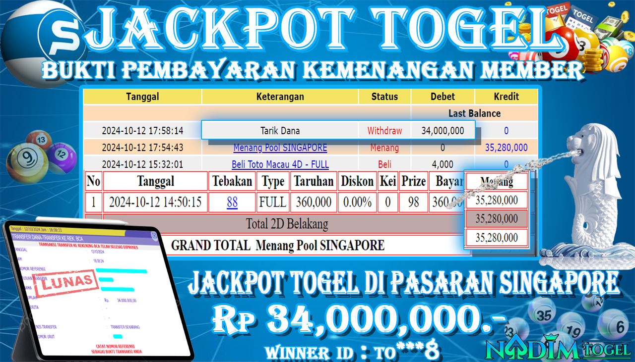 NADIMTOGEL JACKPOT TOGEL SINGAPORE Rp.34,000,000  - LUNAS