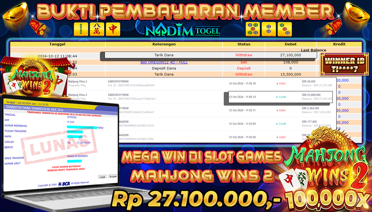 NADIMTOGEL JACKPOT SLOT GAMES MAHJONG WINS 2 Rp 27,100,000,- LUNAS